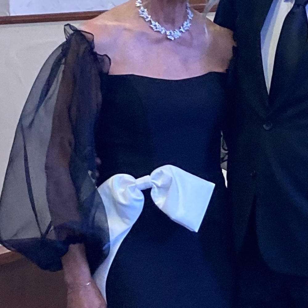 Custom-made Madeline Gardner New York evening gown with sheer sleeves.